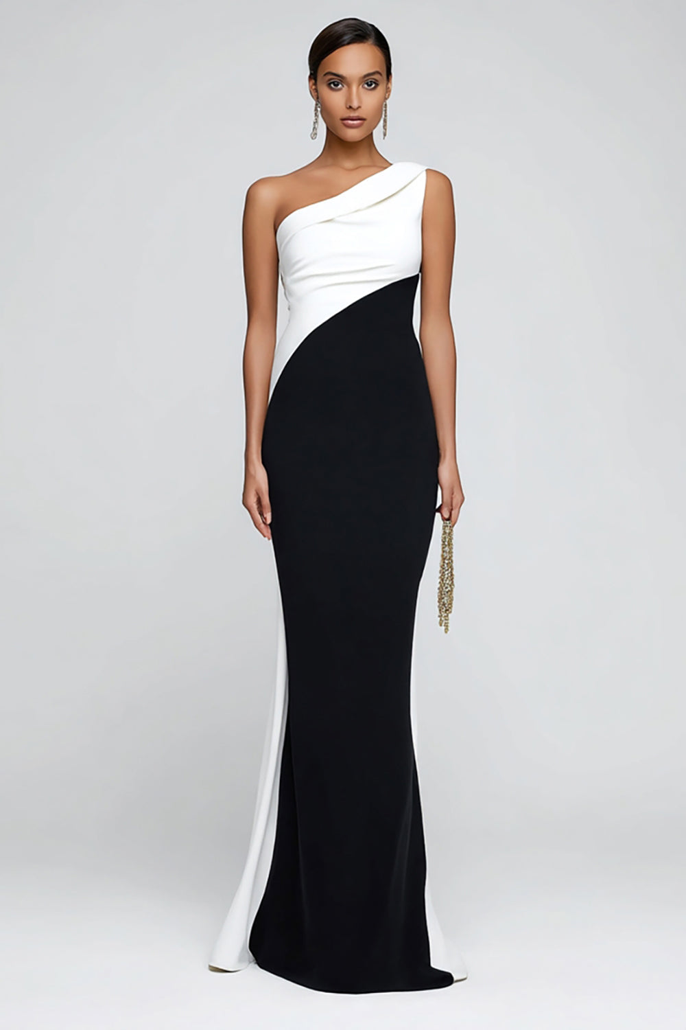 Simple Black and White Patchwork One Shoulder Long Formal Dress