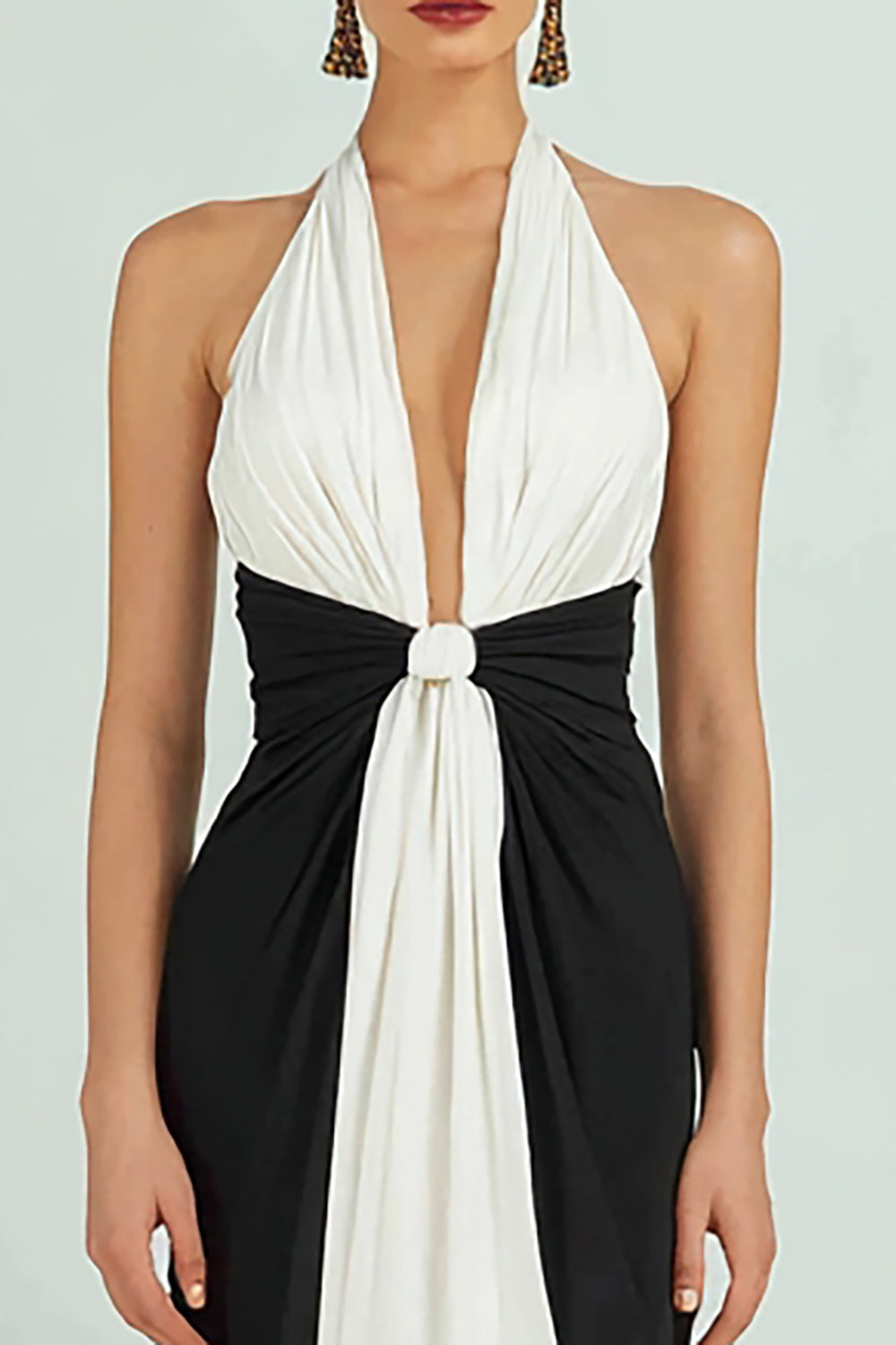 Black and White Deep V-Neck Ruched Long Sheath Formal Dress