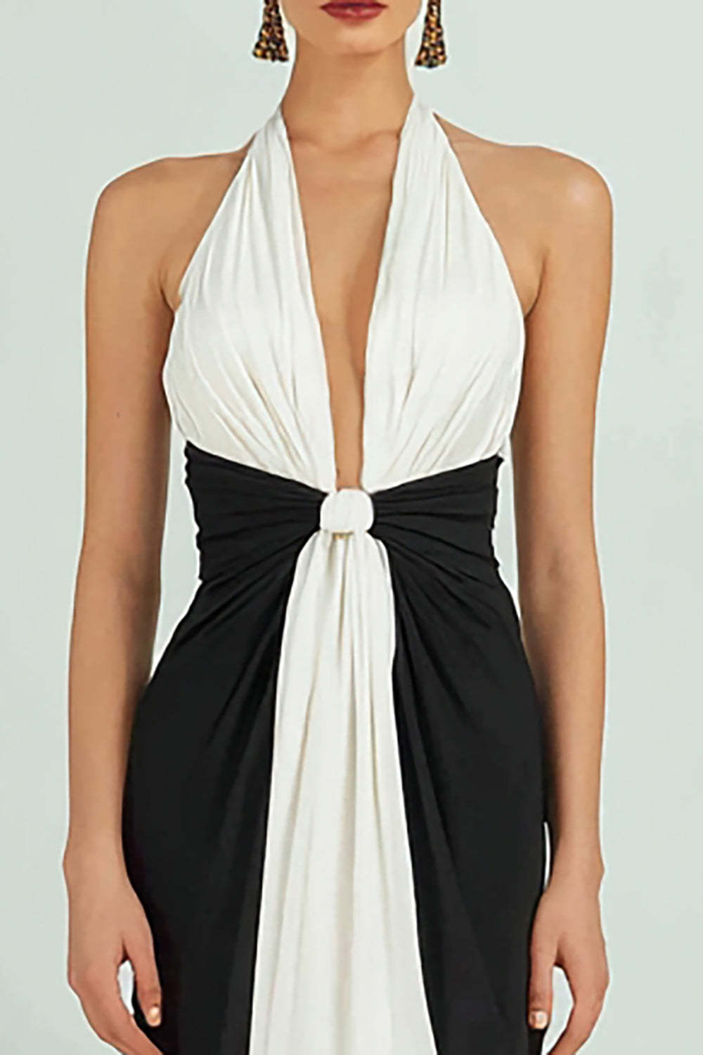 Black and White Deep V-Neck Ruched Long Sheath Formal Dress