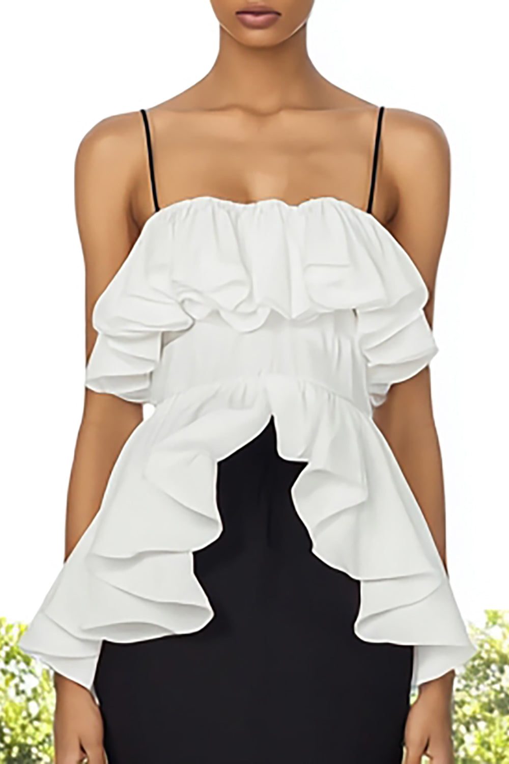 Black and White Long Spaghetti Straps Formal Dress with Ruffles