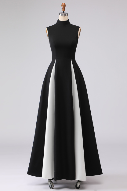 Black and White High Neck Plus Size Maxi A Line Formal Dress