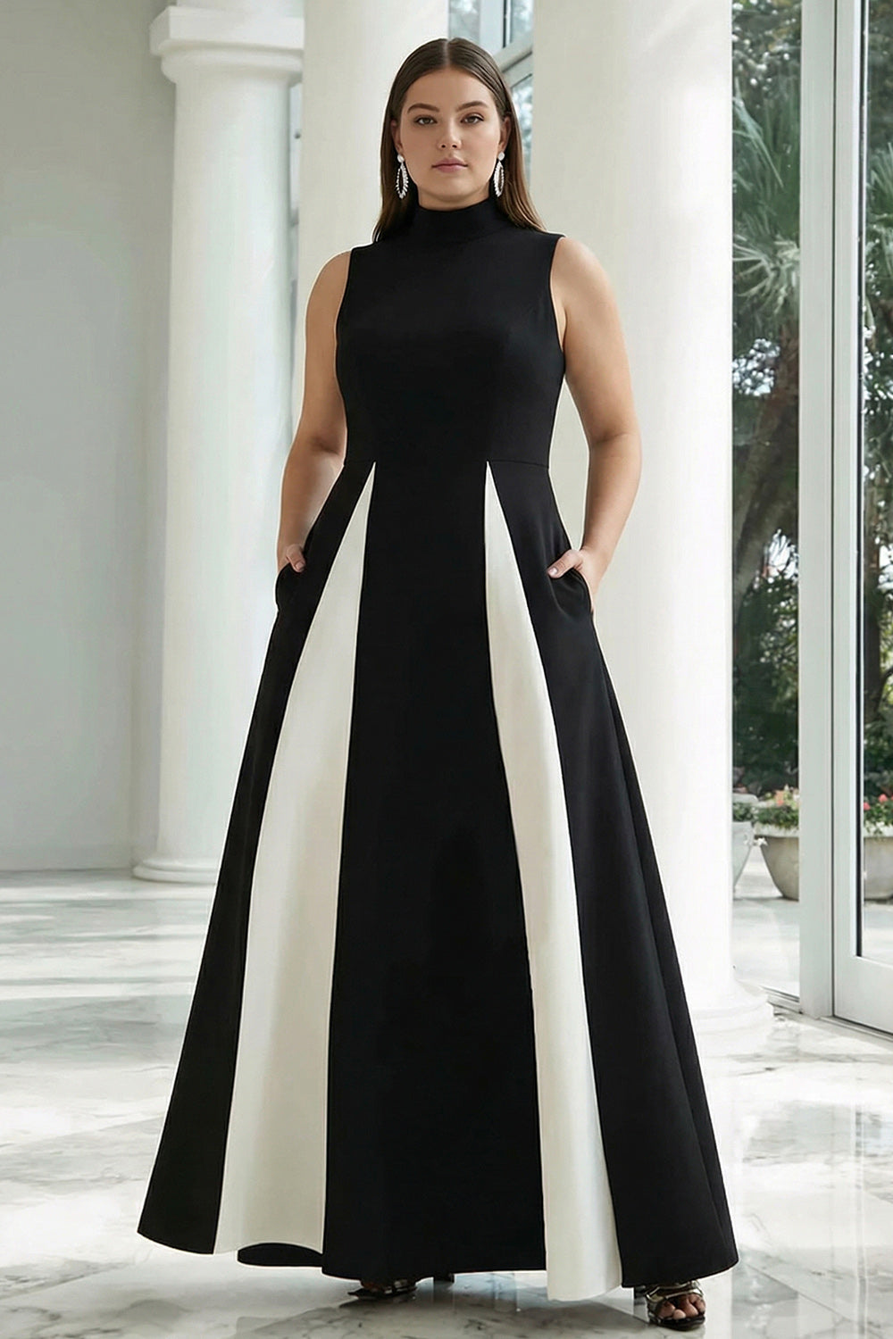 Leely Women Black and White Satin Plus Size Maxi Formal Dress with Pockets A Line High Neck Patchwork Evening Dress