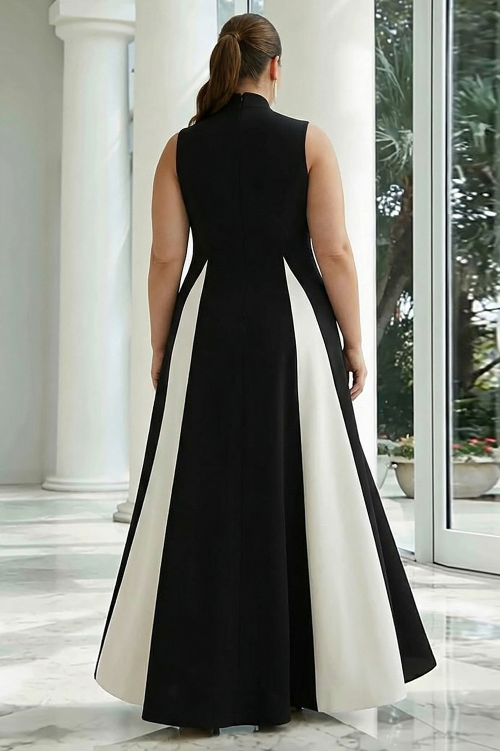 Black and White High Neck Maxi A Line Formal Dress
