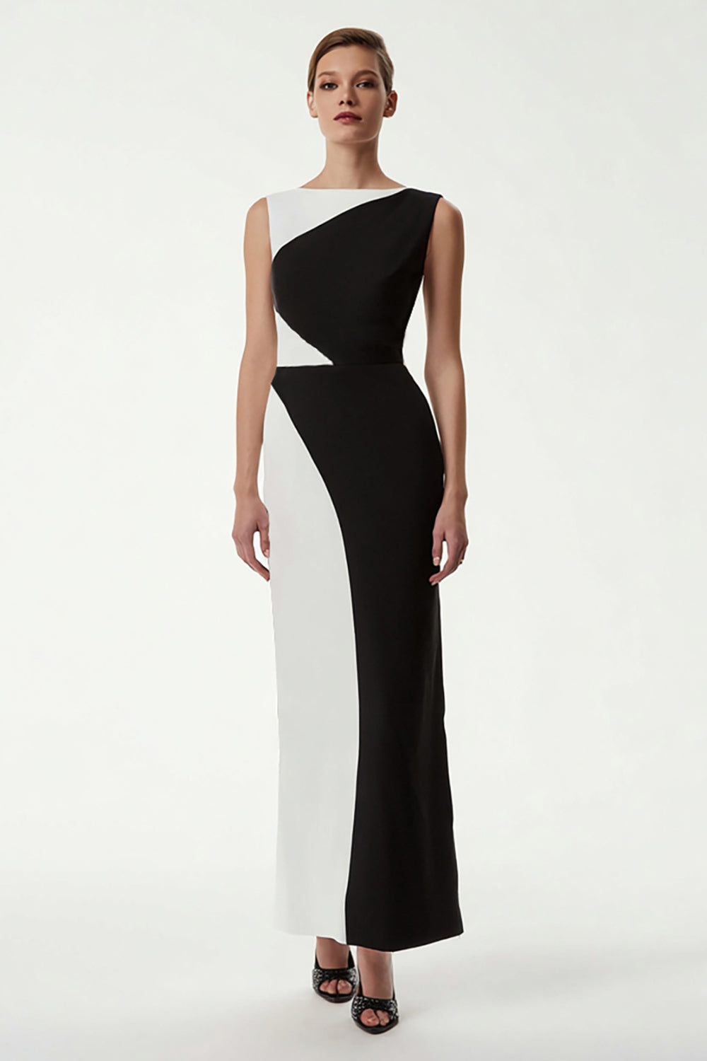 Black and White Sheath Patchwork Bateau Neck Long Formal Dress