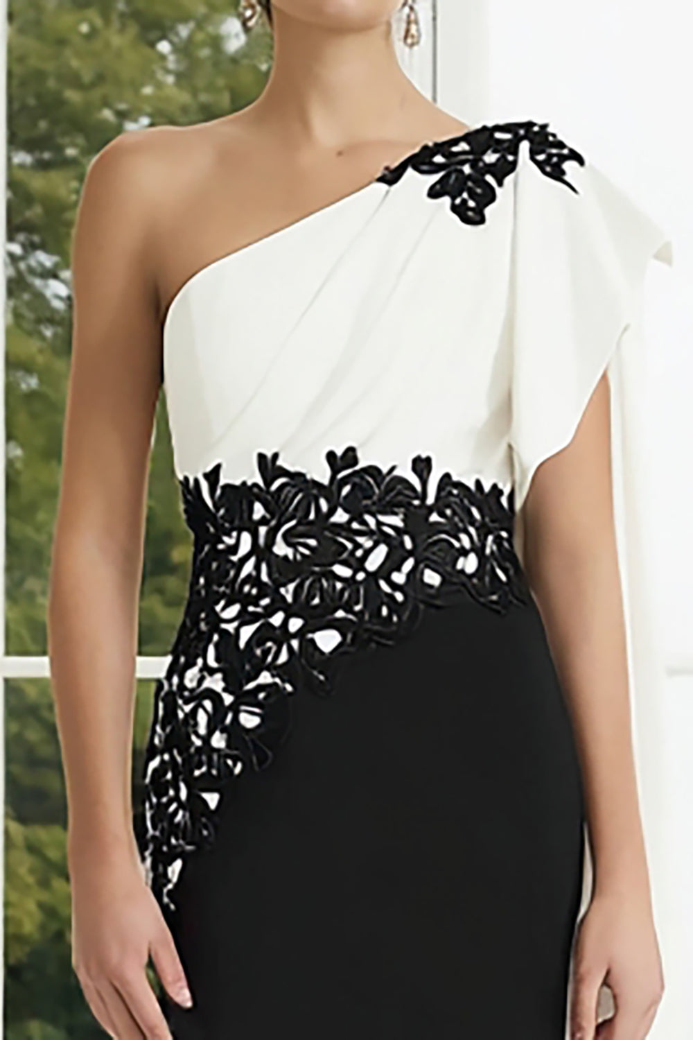 Black and White One Shoulder Long Appliqued Formal Dress with Side Cape