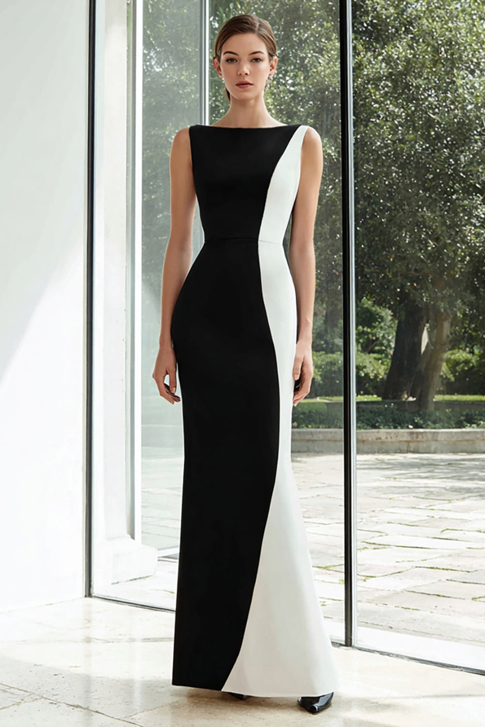 Black and White Patchwork Bateau Neck Long Formal Dress
