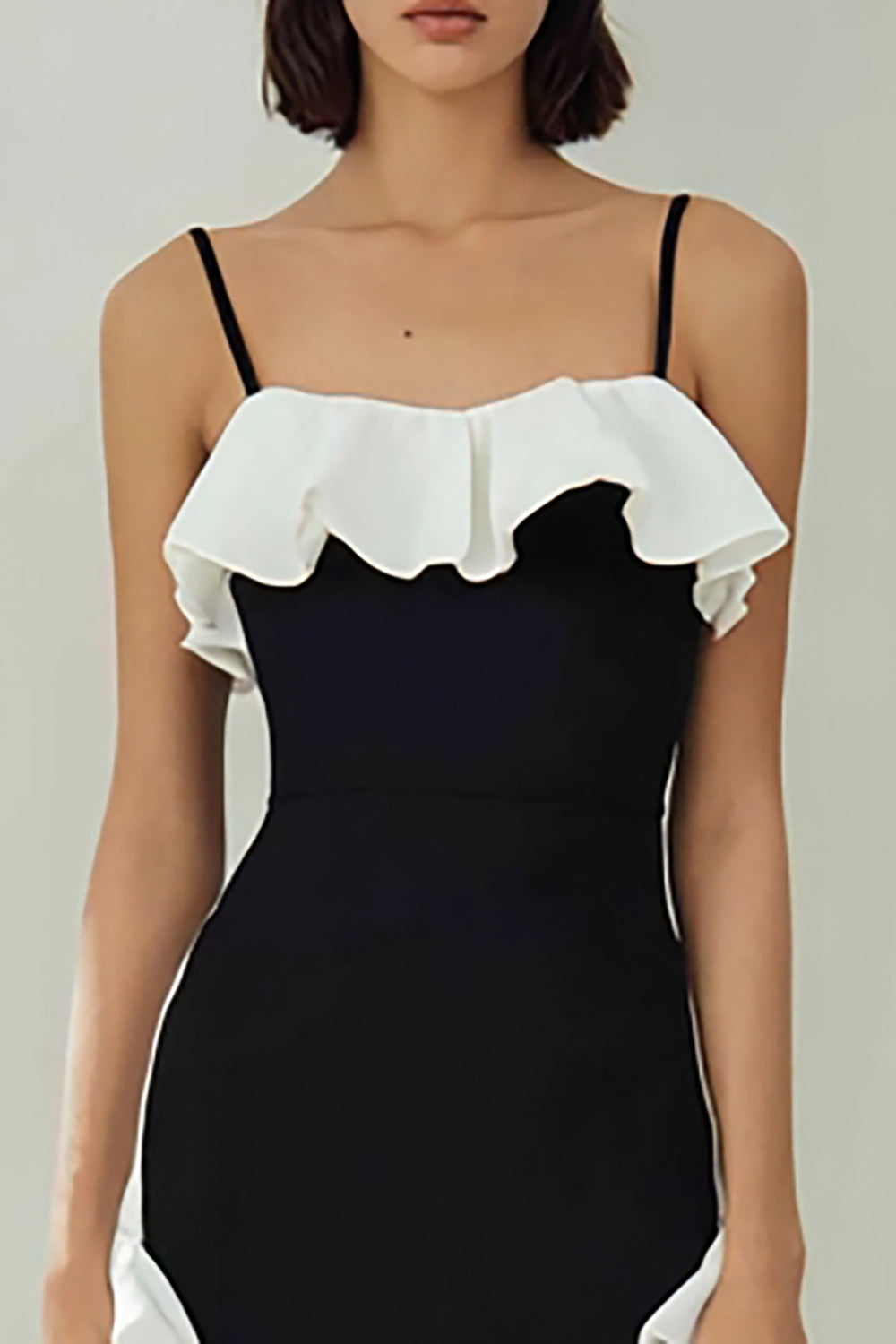 Black and White Spaghetti Straps Midi Sheath Formal Dress with Ruffles