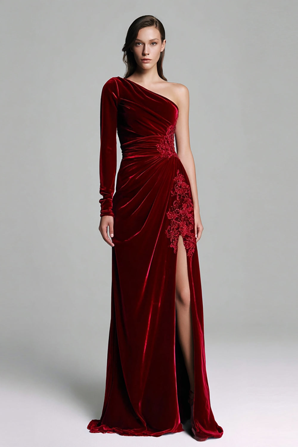 Burgundy Sheath One Shoulder Velvet Ruched Holiday Party Dress with Slit