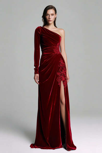 Leely Women Burgundy Sheath Velvet Holiday Party Dress with Slit One Shoulder Ruched Formal Dress with Appliques