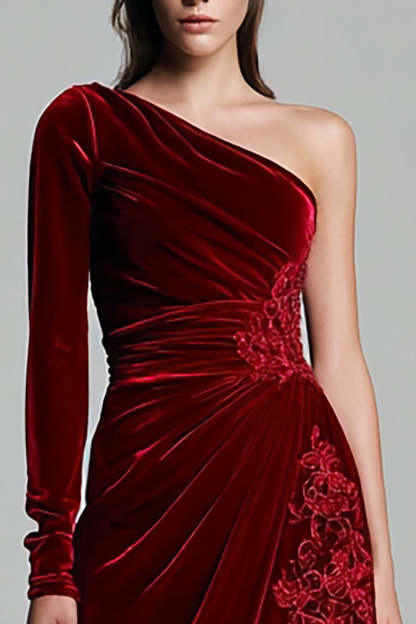Burgundy Sheath One Shoulder Velvet Ruched Holiday Party Dress with Slit