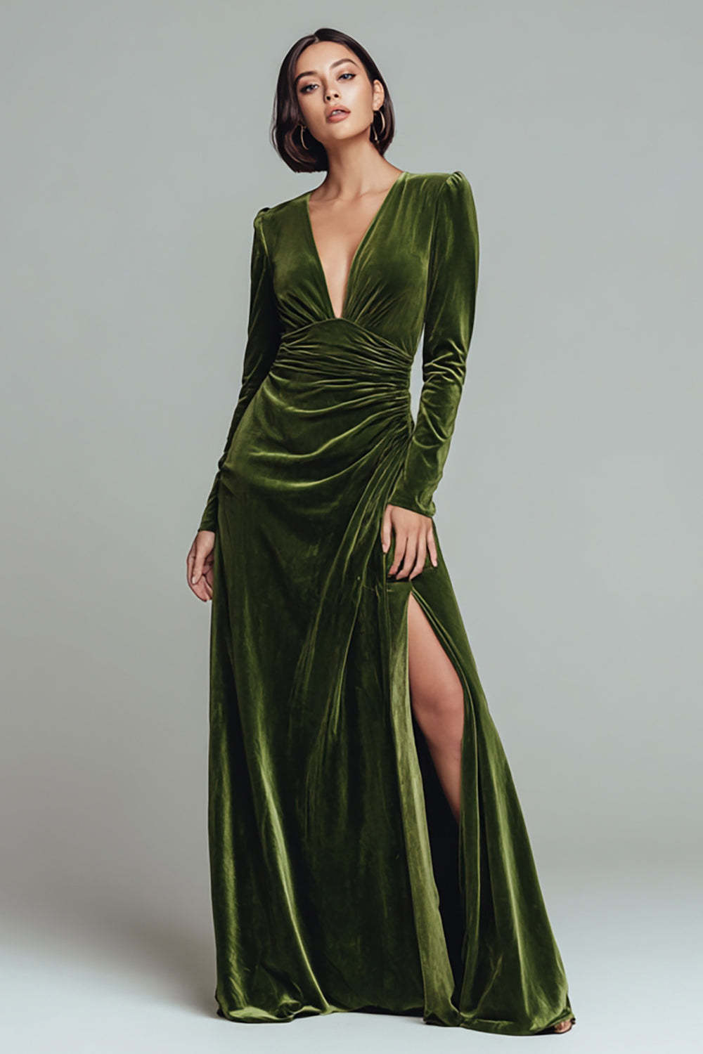 Leely Women Olive Sheath Long Velvet Holiday Party Dress with Slit Ruched V-Neck Formal Dress
