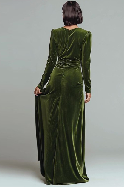 Olive Sheath Velvet Ruched V-Neck Maxi Holiday Party Dress with Slit
