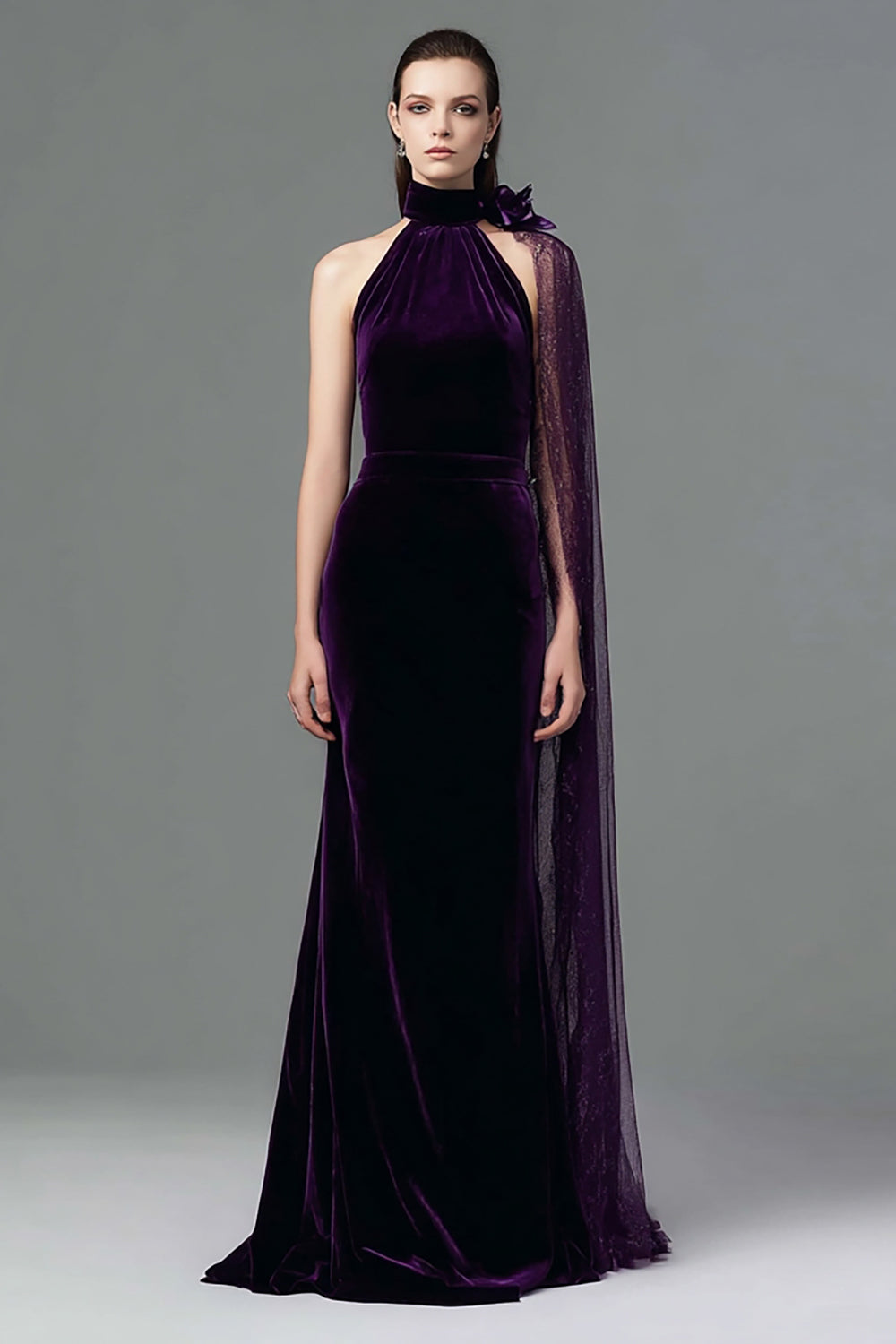 Leely Women Plum Long Velvet Holiday Party Dress with Side Cape Mermaid High Neck Formal Dress with 3D Flower