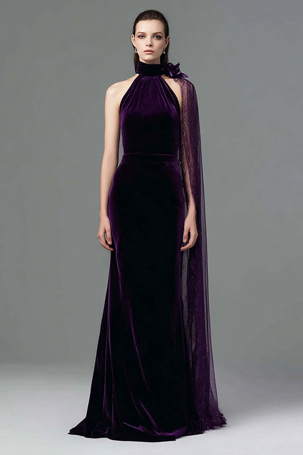 Leely Women Plum Long Velvet Holiday Party Dress with Side Cape Mermaid High Neck Formal Dress with 3D Flower