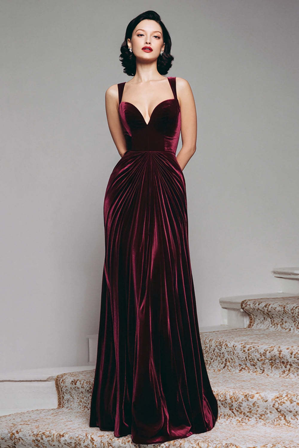 Leely Women Burgundy Long Velvet Holiday Party Dress Mermaid Thick Straps Ruched Sweetheart Formal Dress