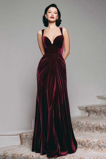 Leely Women Burgundy Long Velvet Holiday Party Dress Mermaid Thick Straps Ruched Sweetheart Formal Dress