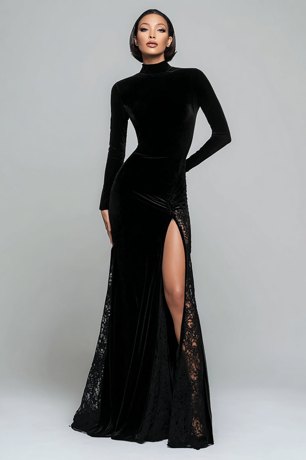 Black Velvet Mermaid High Neck Maxi Holiday Party Dress with Slit
