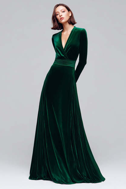 Leely Women Dark Green Velvet Long Holiday Party Dress A Line V-Neck Ruched Formal Dress