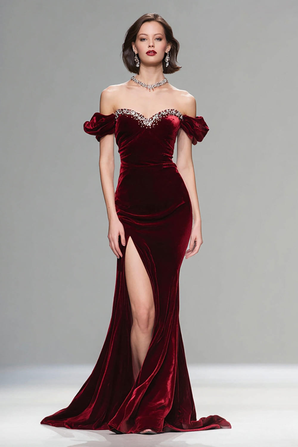Burgundy Velvet Mermaid Long Holiday Party Dress with Beading