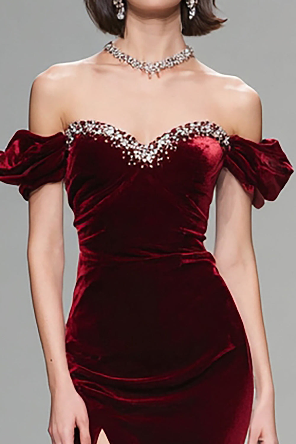 Burgundy Velvet Mermaid Long Holiday Party Dress with Beading