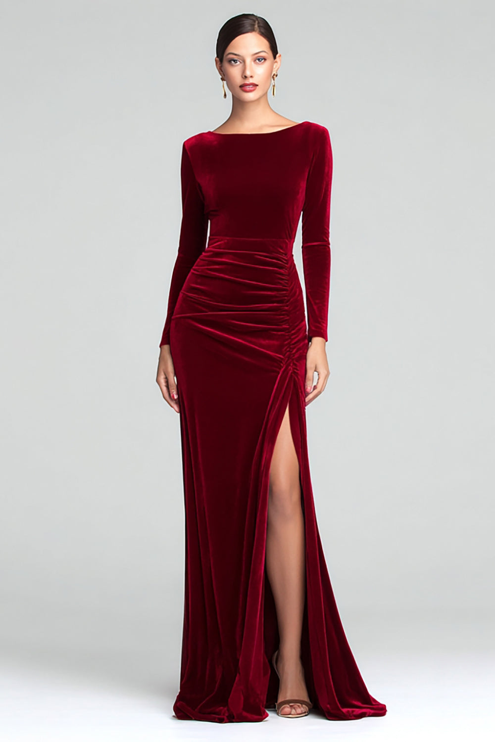 Burgundy Velvet Boat Neck Ruched Long Holiday Party Dress