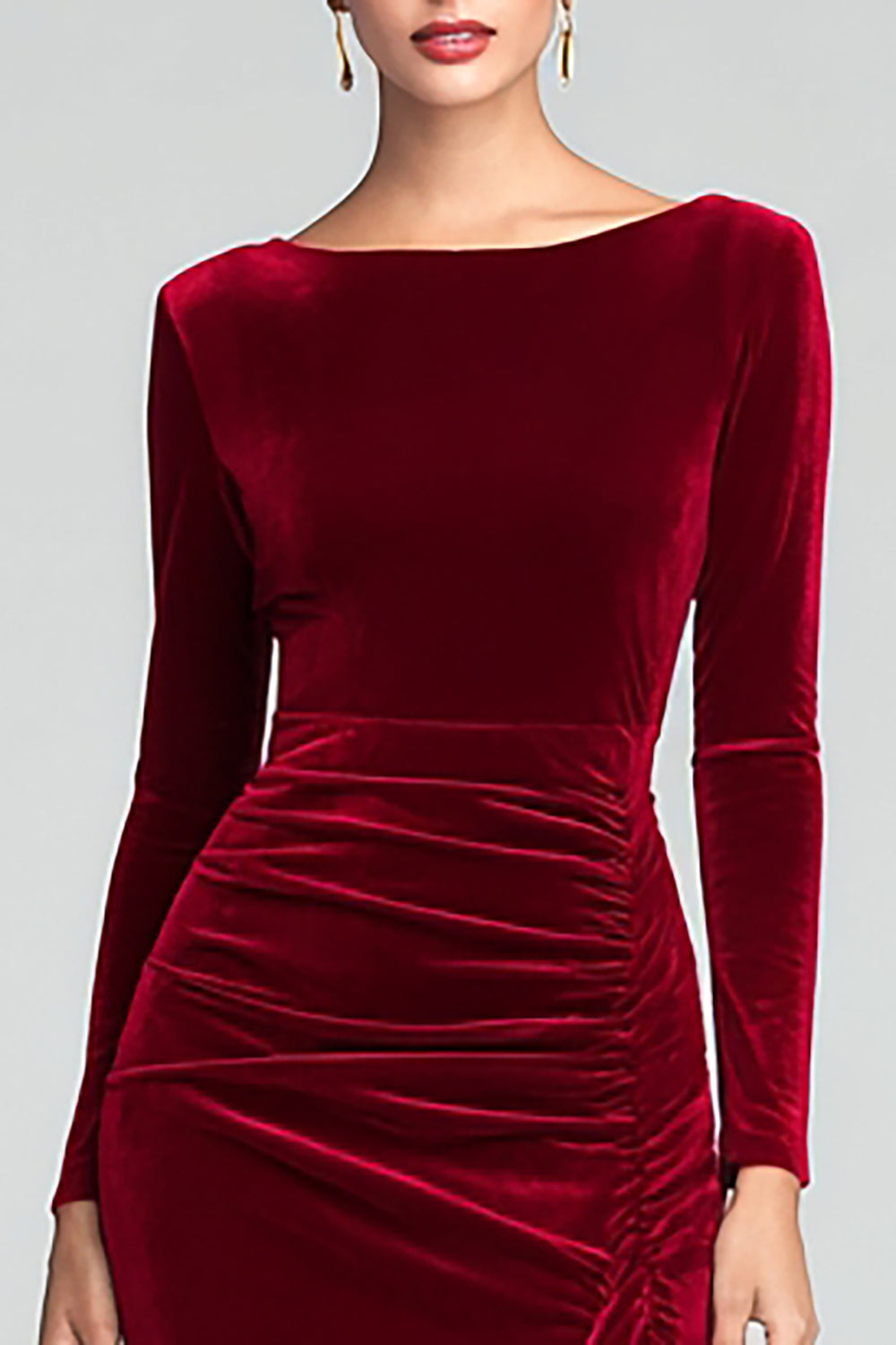 Burgundy Velvet Boat Neck Ruched Long Holiday Party Dress