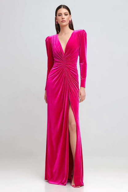 Leely Women Fuchsia Velvet Long Sleeves Holiday Party Dress with Slit V-Neck Sheath Formal Dress