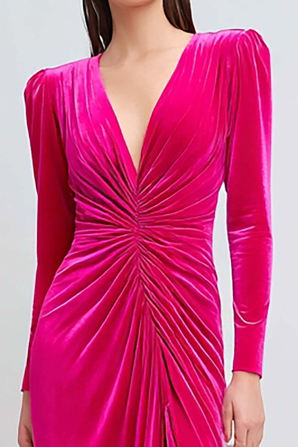 Fuchsia Ruched Sheath Velvet Long Sleeves Holiday Party Dress with Slit