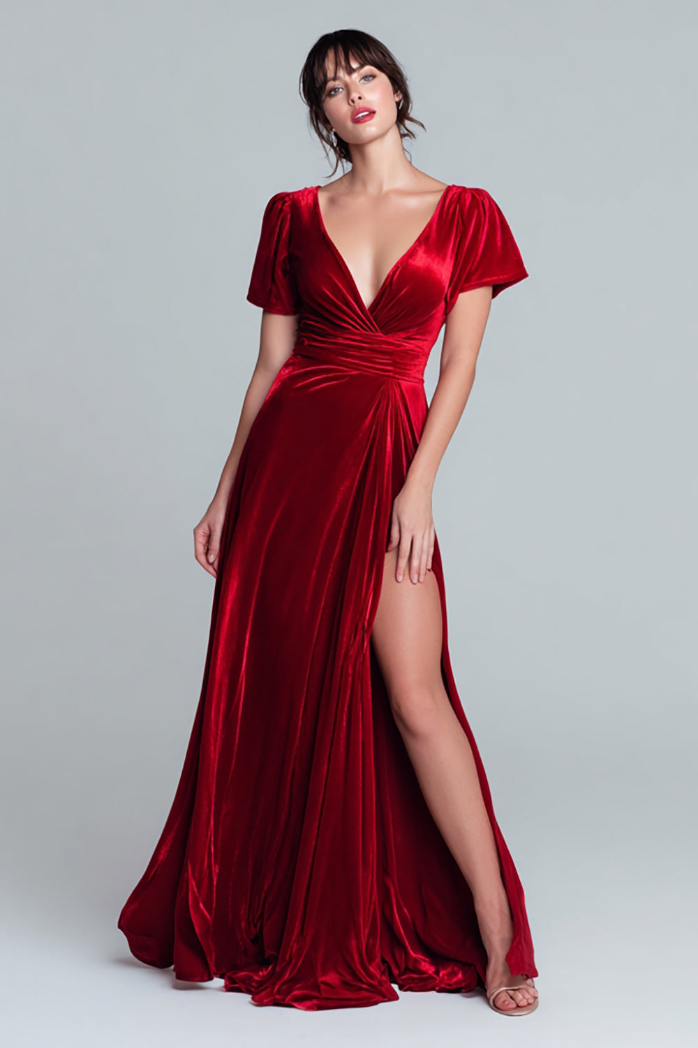 Leely Women Red Long Velvet Holiday Party Dress with Slit V-Neck Formal Dress