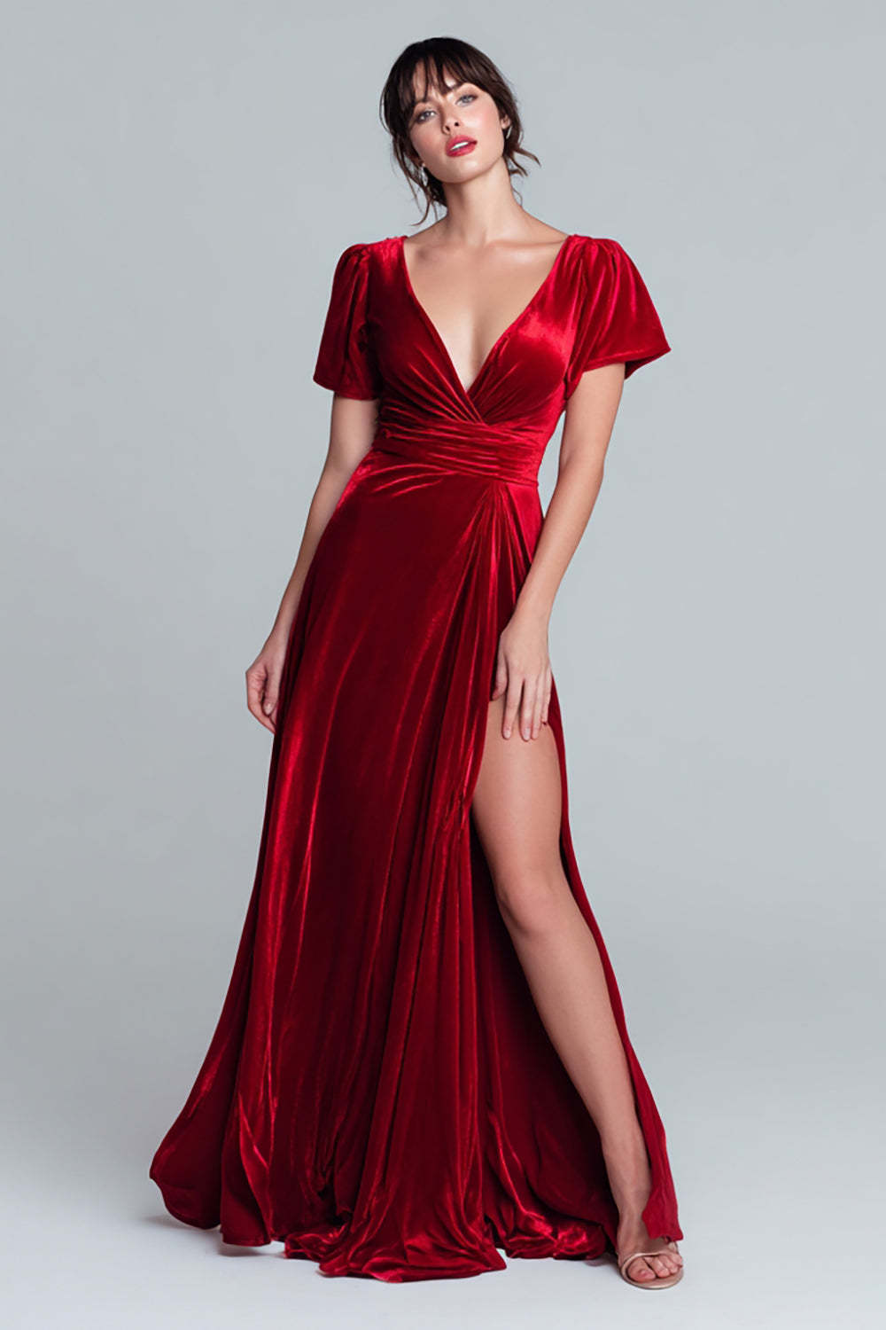 Leely Women Red Long Velvet Holiday Party Dress with Slit V-Neck Formal Dress