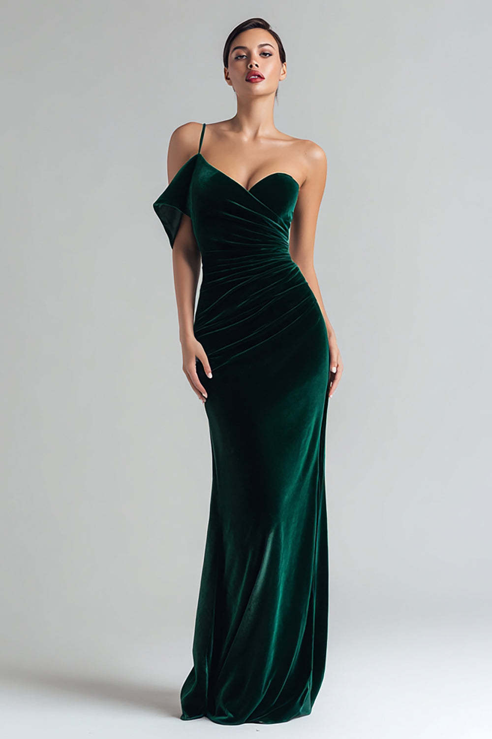Leely Women Dark Green Velvet Maxi Holiday Party Dress Mermaid One Shoulder Ruched Formal Dress