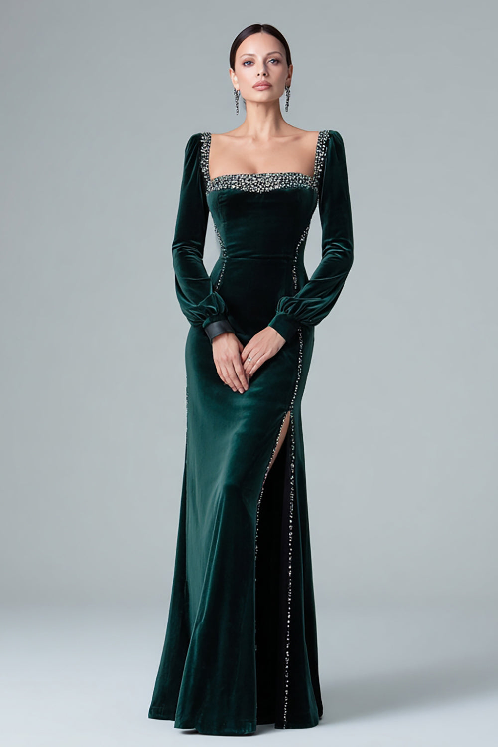 Leely Women Dark Green Mermaid Long Holiday Party Dress with Slit Velvet Square Neck Formal Dress with Beading