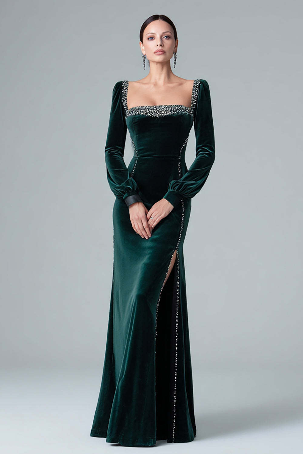 Leely Women Dark Green Mermaid Long Holiday Party Dress with Slit Velvet Square Neck Formal Dress with Beading