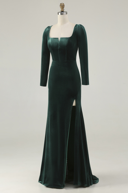 Dark Green Mermaid Square Neck Long Velvet Holiday Party Dress with Slit