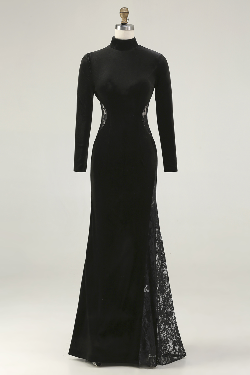 Black Mermaid Velvet High Neck Maxi Formal Dress with Lace