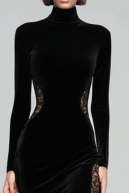 Black Mermaid Velvet High Neck Maxi Formal Dress with Lace