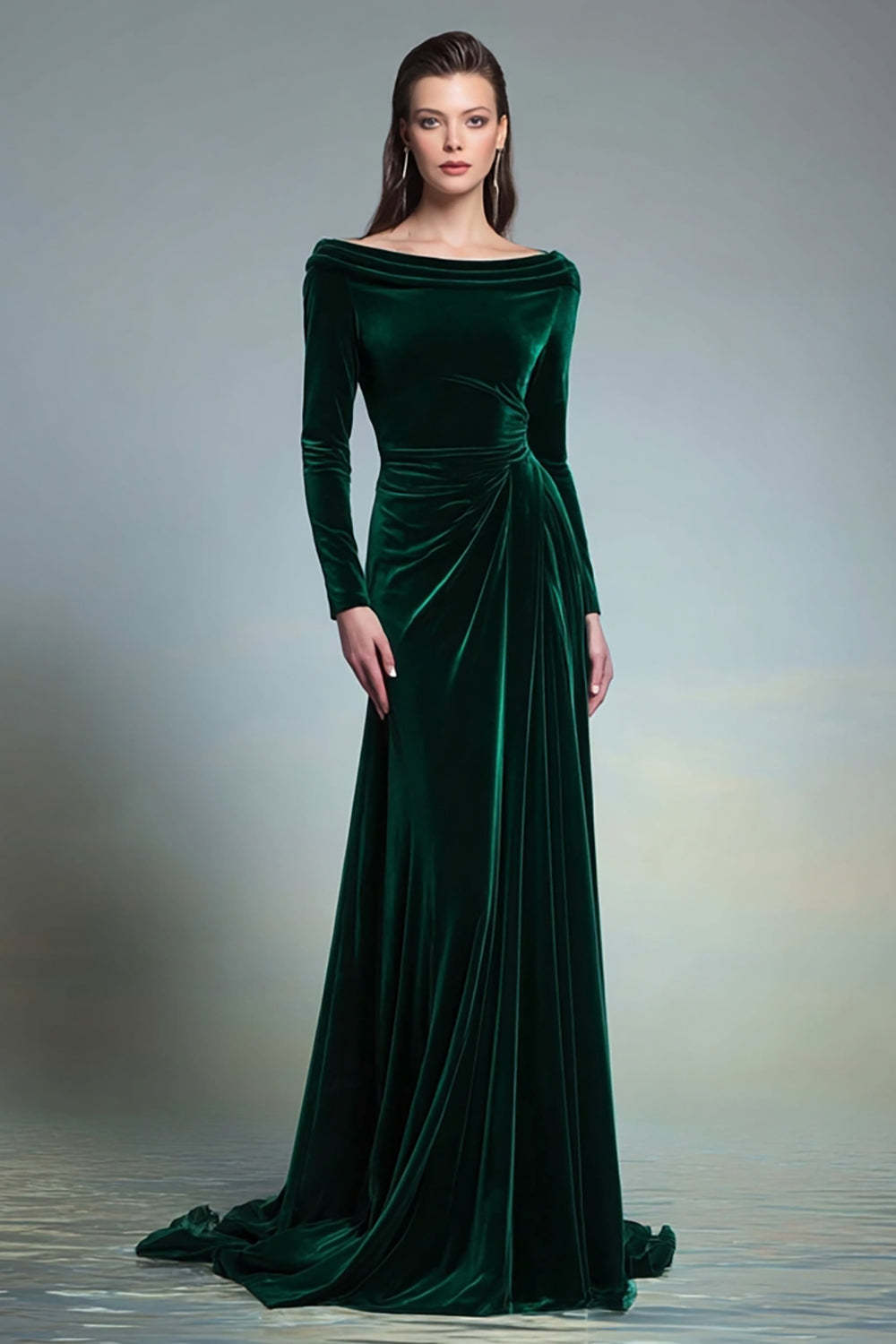 Dark Green Bateau Neck Velvet Long Formal Dress with Sleeves