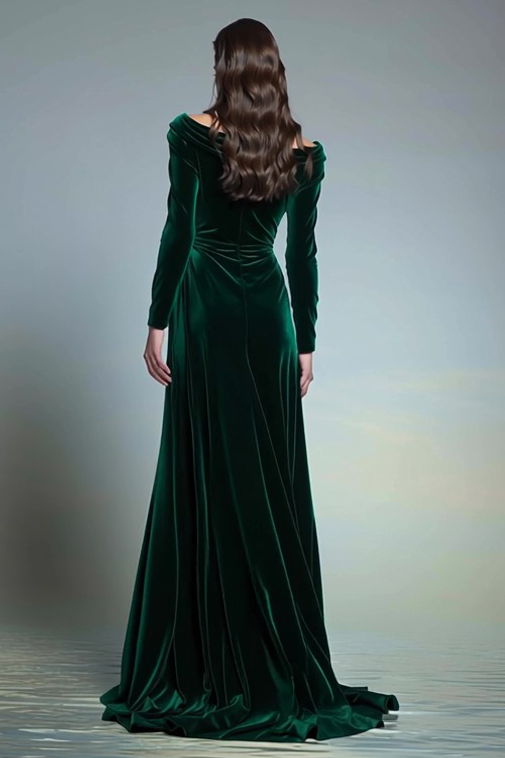 Dark Green Bateau Neck Velvet Long Formal Dress with Sleeves