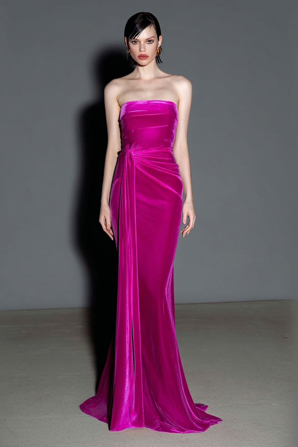 Fuchsia Strapless Mermaid Velvet Maxi Evening Dress