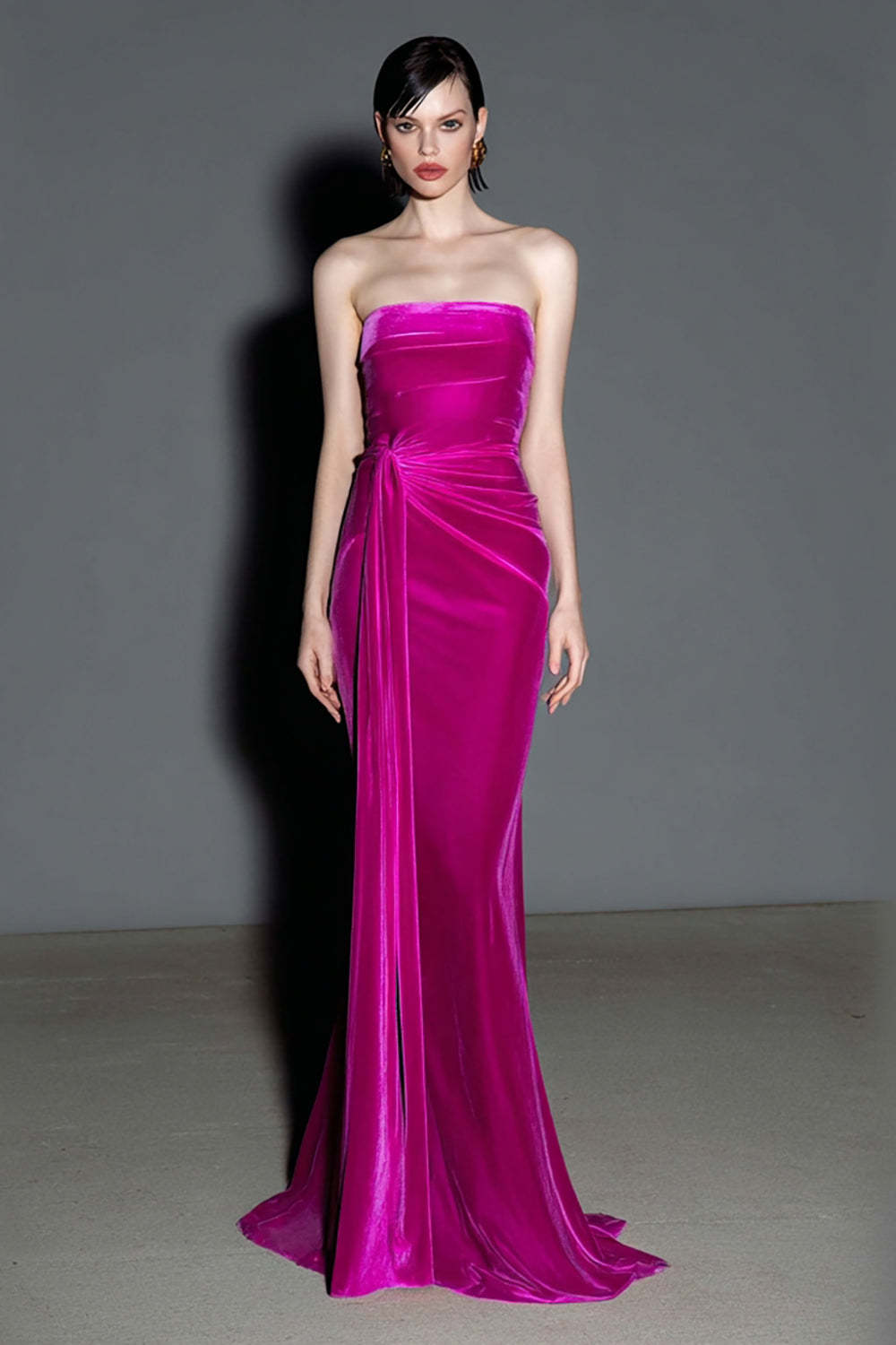 Leely Women Fuchsia Maxi Strapless Evening Dress Velvet Mermaid Ruched Holiday Party Dress