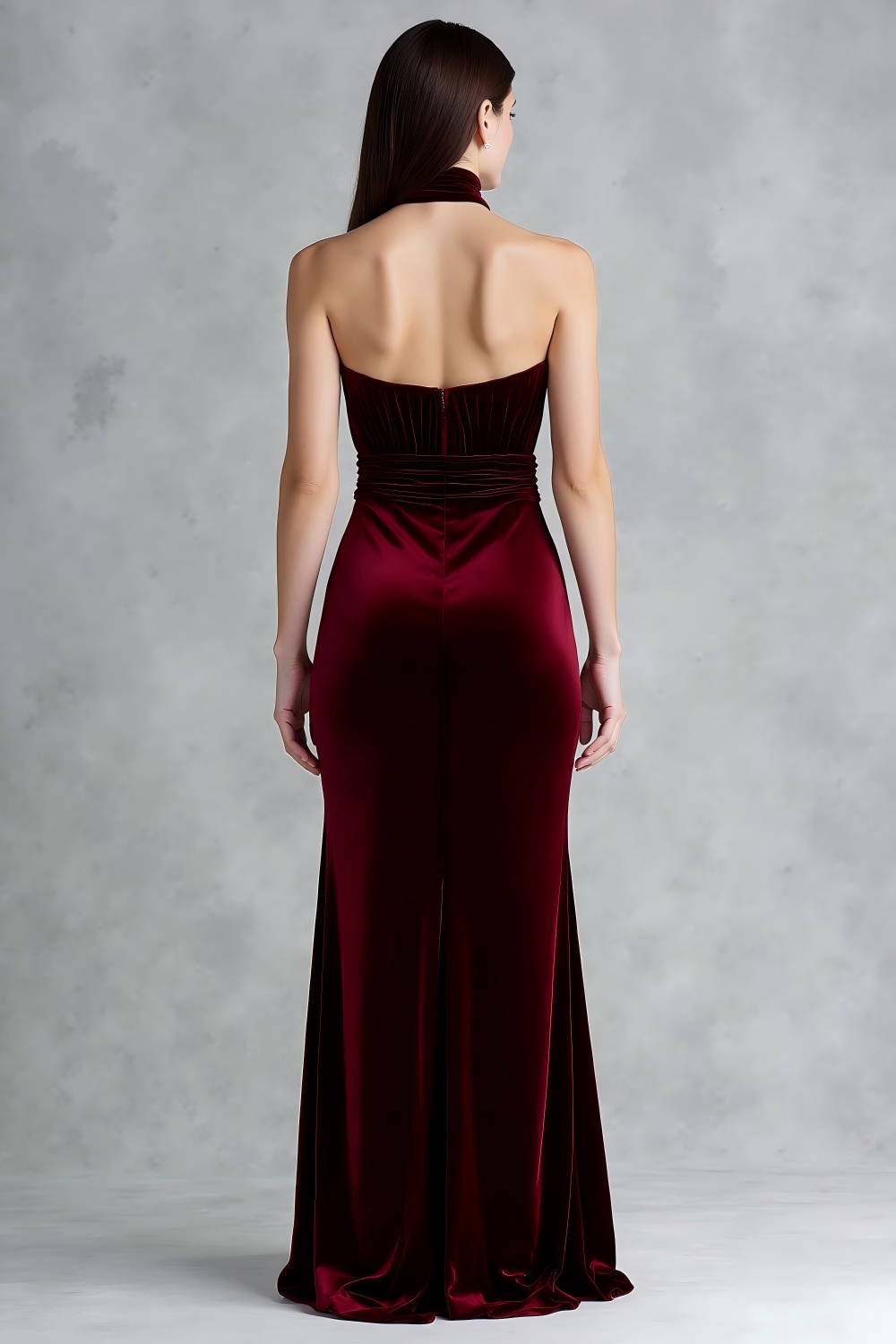 Burgundy Velvet High Neck Keyhole Maxi Formal Dress