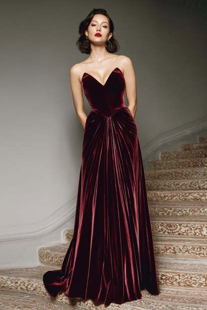Leely Women Burgundy A Line Velvet Formal Dress Sweetheart Maxi Holiday Party Dress