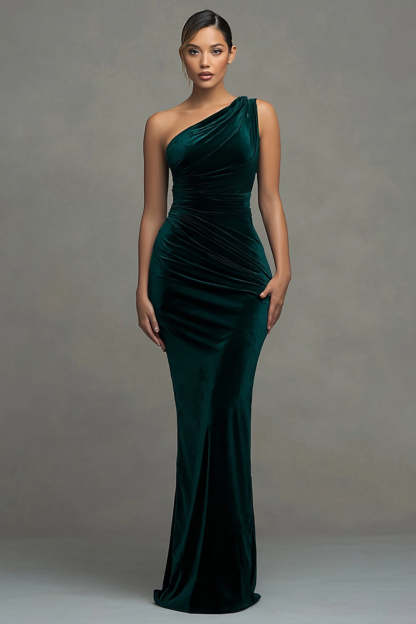 Leely Women Dark Green Maxi Velvet Formal Dress Mermaid One Shoulder Holiday Party Dress