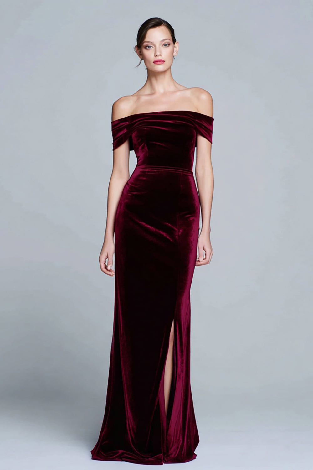 Burgundy Maxi Velvet Off the Shoulder Formal Dress with Slit
