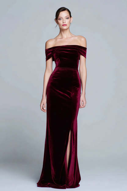 Leely Women Burgundy Maxi Velvet Formal Dress with Slit Mermaid Off the Shoulder Holiday Party Dress