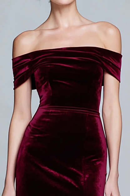 Burgundy Maxi Velvet Off the Shoulder Formal Dress with Slit