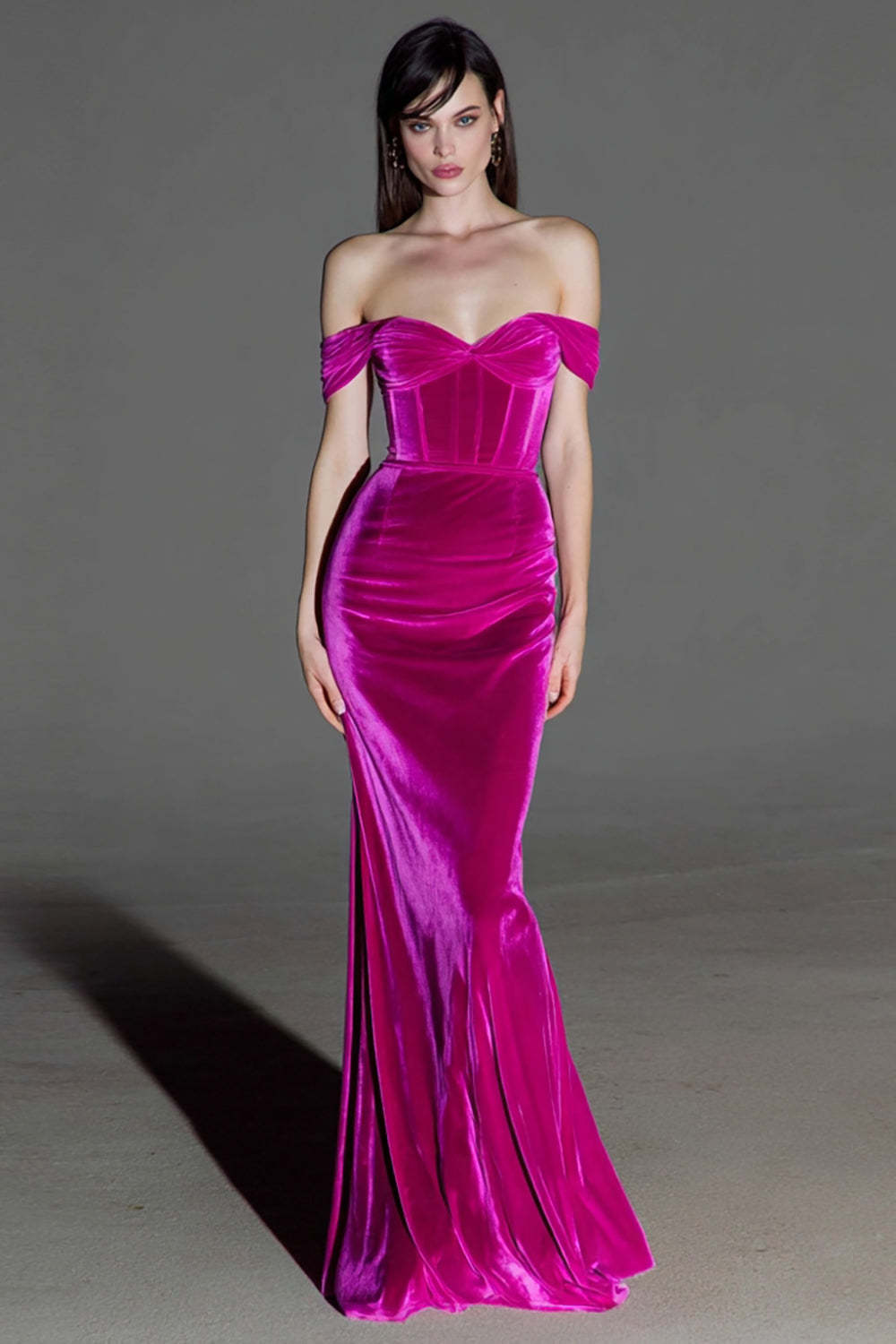 Leely Women Fuchsia Corset Velvet Evening Dress Maxi Mermaid Off the Shoulder Holiday Party Dress