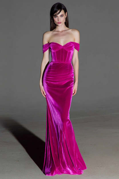 Leely Women Fuchsia Corset Velvet Evening Dress Maxi Mermaid Off the Shoulder Holiday Party Dress