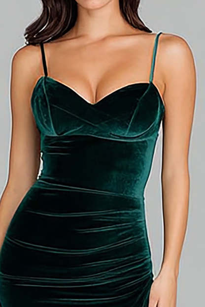 Dark Green Velvet Spaghetti Straps Long Formal Dress with Slit