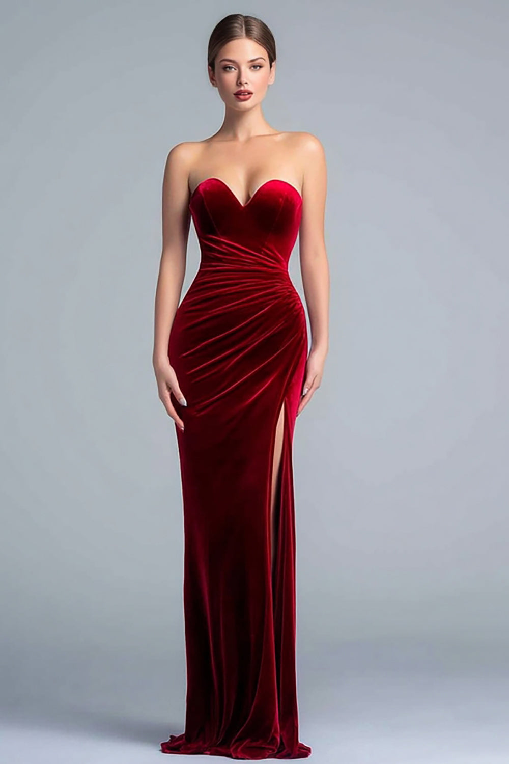 Burgundy Sweetheart Maxi Velvet Formal Dress with Slit